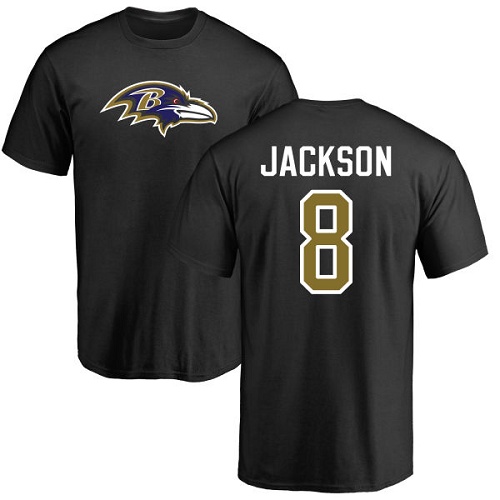 Men Baltimore Ravens Black Lamar Jackson Name and Number Logo NFL Football #8 T Shirt